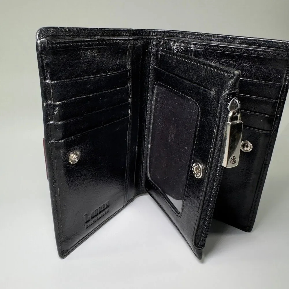 Lauren Ralph Lauren Wallet Black Leather LRL Clutch Compact Card Holder Red VTG